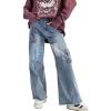 imageCHARTOU Women Floral Patchwork Denim Straight Pants High Waist Raw Hem Wide Leg Pants Flared JeansBlue