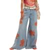 imageCHARTOU Women Floral Print Denim Wide Leg Pants Casual Loose High Waist Flared Baggy Jeans with PocketsLight Blue