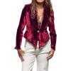 imageCHARTOU Women Velvet Shirt Tops Cute Bow Tie Front Puff Long Sleeve Blouse Ruffle Lapel Cut Out Fall OutfitsRed