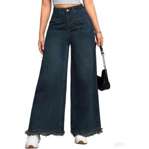 imageCHARTOU Baggy Wide Leg Jeans Woman Mid Rise Frayed Flare Jeans Boyfriend Stretchy Denim PantsDark Blue