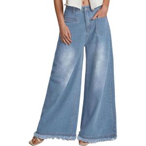 imageCHARTOU Baggy Wide Leg Jeans Woman Mid Rise Frayed Flare Jeans Boyfriend Stretchy Denim PantsLight Blue