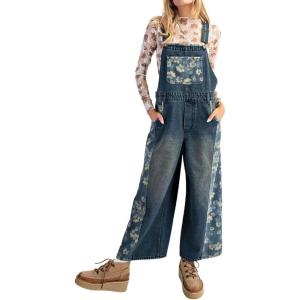 imageCHARTOU Floral Denim Overalls for Women Bib Baggy Jeans Crop Loose Denim Jumpsuit Patchwork Wide Leg PantsBlue