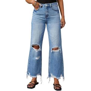 imageCHARTOU Ripped Flare Jeans for Women High Waisted Bell Bottom Wide Leg Cropped Jeans Distressed Baggy PantsBlue