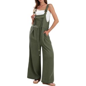 imageCHARTOU Summer Casual Waffle Knit Overalls Women One Piece Jumpsuits Sleeveless Romper Wide Leg Pants Palazzo PocketsArmy Green