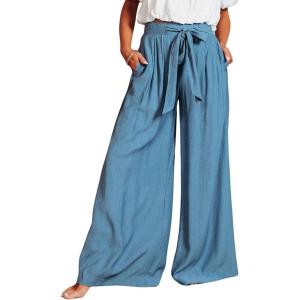 imageCHARTOU Summer Wide Leg Pants Womens Palazzo Pants Casual Textured Beach Flowy Pants Elastic Waist Pants with BeltBlue