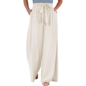 imageCHARTOU Summer Wide Leg Pants Womens Palazzo Pants Casual Textured Beach Flowy Pants Elastic Waist Pants with BeltIvory White