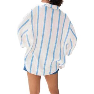 imageCHARTOU Women Button Down Shirt Stripe Oversized Lantern Long Sleeve Gauze Vacation TopsBlue