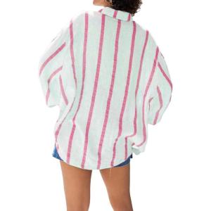 imageCHARTOU Women Button Down Shirt Stripe Oversized Lantern Long Sleeve Gauze Vacation TopsPink