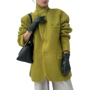 imageCHARTOU Women Button Down Wool Pea Coat Jacket Oversized Notch Lapel Blazer Midi Overcoat Trench CoatGreen