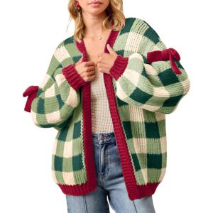 imageCHARTOU Women Checkered Chunky Knit Cardigan Sweater Oversized Balloon Long Sleeve Open Front Outwear CoatGreen