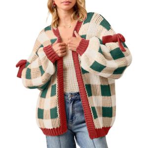 imageCHARTOU Women Checkered Chunky Knit Cardigan Sweater Oversized Balloon Long Sleeve Open Front Outwear CoatKhaki