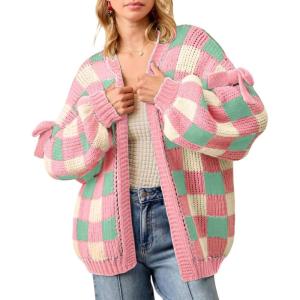 imageCHARTOU Women Checkered Chunky Knit Cardigan Sweater Oversized Balloon Long Sleeve Open Front Outwear CoatLight Pink