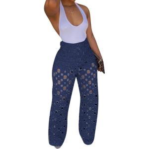 imageCHARTOU Women Chic High Waisted Hollow Out Denim Pants Cutout Ripped Jeans Wide Leg Party Night Out PunkDark Blue