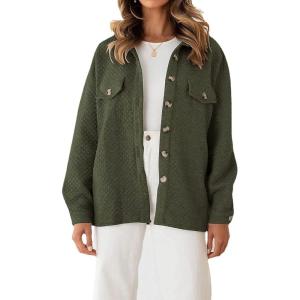 imageCHARTOU Women Diamond Lightweight Quilted Jacket Shacket Long Sleeve Button Down Shirt with PocketsArmy Green