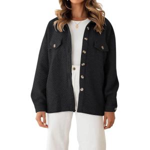 imageCHARTOU Women Diamond Lightweight Quilted Jacket Shacket Long Sleeve Button Down Shirt with PocketsBlack