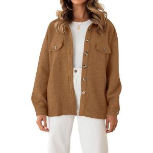 imageCHARTOU Women Diamond Lightweight Quilted Jacket Shacket Long Sleeve Button Down Shirt with PocketsBrown