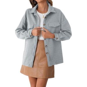 imageCHARTOU Women Diamond Lightweight Quilted Jacket Shacket Long Sleeve Button Down Shirt with PocketsGrey