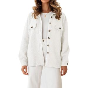 imageCHARTOU Women Diamond Lightweight Quilted Jacket Shacket Long Sleeve Button Down Shirt with PocketsWhite