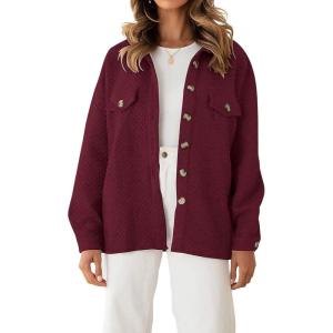 imageCHARTOU Women Diamond Lightweight Quilted Jacket Shacket Long Sleeve Button Down Shirt with PocketsWine Red
