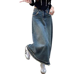 imageCHARTOU Women Distressed Long Denim Skirt Maxi Jean Skirt Frayed Hem Patchwork A Line Skirt SummerBlue