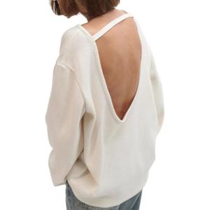 imageCHARTOU Women Fall Lightweight Oversized Sweater Scoop Neck Backless Cotton Pullover SweaterCream
