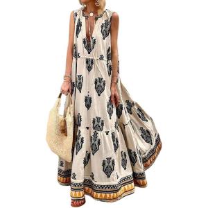 imageCHARTOU Women Floral Maxi Dress Summer Sleeveless Boho Flowy Long DressesBeige