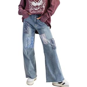 imageCHARTOU Women Floral Patchwork Denim Straight Pants High Waist Raw Hem Wide Leg Pants Flared JeansBlue