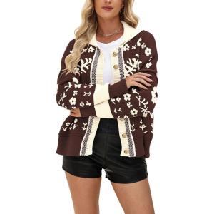 imageCHARTOU Women Lapel Collar Button Down Sweaters Open Front Cardigans Fall Sweater CoatsCoffee
