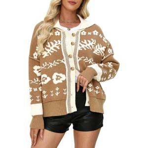 imageCHARTOU Women Lapel Collar Button Down Sweaters Open Front Cardigans Fall Sweater CoatsKhaki