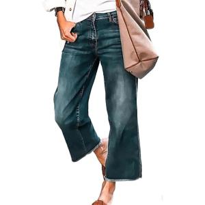imageCHARTOU Women Lightweight Summer Denim Jeans Frayed Raw Cut Straight Leg Cropped Denim PantsDark Blue
