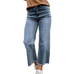 imageCHARTOU Women Lightweight Summer Denim Jeans Frayed Raw Cut Straight Leg Cropped Denim PantsLight Blue