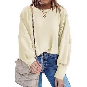 imageCHARTOU Women Oversized Crewneck Sweatshirt Ripped Distressed Hoodie Lightweight Tunic Shirts SweatshirtApricot