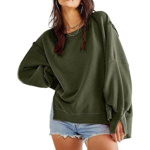 imageCHARTOU Women Oversized Crewneck Sweatshirt Ripped Distressed Hoodie Lightweight Tunic Shirts SweatshirtArmygreen