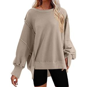 imageCHARTOU Women Oversized Crewneck Sweatshirt Ripped Distressed Hoodie Lightweight Tunic Shirts SweatshirtKhaki