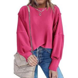 imageCHARTOU Women Oversized Crewneck Sweatshirt Ripped Distressed Hoodie Lightweight Tunic Shirts SweatshirtRosy