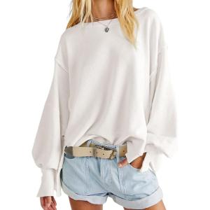 imageCHARTOU Women Oversized Crewneck Sweatshirt Ripped Distressed Hoodie Lightweight Tunic Shirts SweatshirtWhite