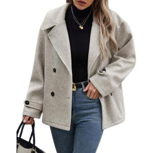 imageCHARTOU Women Oversized Wool Blend Coats Notch Lapel Pea Coat Winter Double Breasted Trench Overcoat OutwearLight Grey
