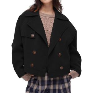 imageCHARTOU Women Short Pea Coats Double Breast Lapel Overcoats Winter Cropped Wool JacketBlack