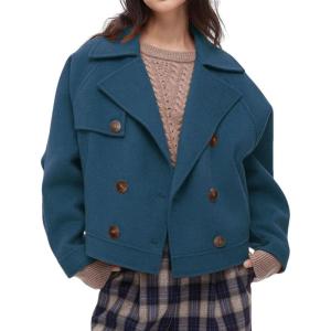 imageCHARTOU Women Short Pea Coats Double Breast Lapel Overcoats Winter Cropped Wool JacketBlue