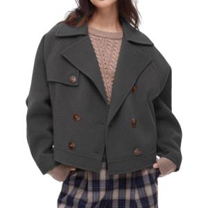 imageCHARTOU Women Short Pea Coats Double Breast Lapel Overcoats Winter Cropped Wool JacketGrey