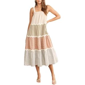 imageCHARTOU Women Sleeveless Gingham Long Flowy Dress Floral Tiered Daisy Contrast Trim Midi DressCoffee