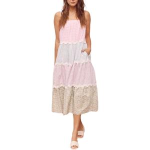 imageCHARTOU Women Sleeveless Gingham Long Flowy Dress Floral Tiered Daisy Contrast Trim Midi DressPink