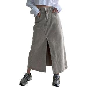 imageCHARTOU Women Summer Casual Long Denim Skirt Slit A Line Midi Long Jean SkirtGrey