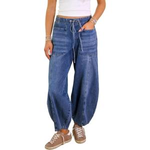 imageCHARTOU Women Summer Denim Wide Leg Pants Shirred Back Drawstring Waist Patchwork Tapered Barrel JeansBlue