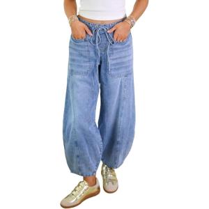 imageCHARTOU Women Summer Denim Wide Leg Pants Shirred Back Drawstring Waist Patchwork Tapered Barrel JeansLight Blue