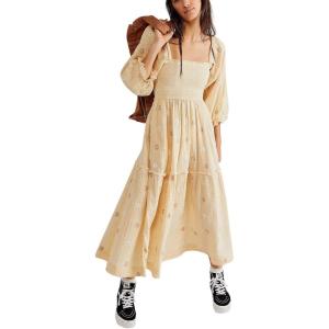 imageCHARTOU Women Summer Flowy Floral Dress Long Puff Sleeve Square Neck Boho Maxi Sundress Swing Smocked DressApricot