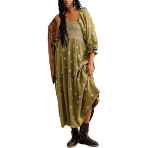 imageCHARTOU Women Summer Flowy Floral Dress Long Puff Sleeve Square Neck Boho Maxi Sundress Swing Smocked DressArmy Black