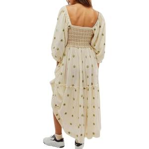 imageCHARTOU Women Summer Flowy Floral Dress Long Puff Sleeve Square Neck Boho Maxi Sundress Swing Smocked DressBeige