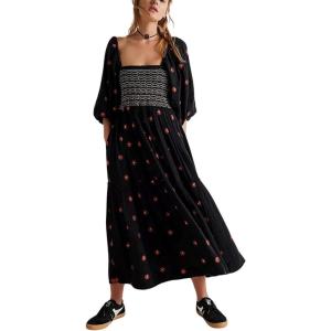 imageCHARTOU Women Summer Flowy Floral Dress Long Puff Sleeve Square Neck Boho Maxi Sundress Swing Smocked DressBlack