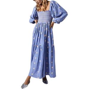 imageCHARTOU Women Summer Flowy Floral Dress Long Puff Sleeve Square Neck Boho Maxi Sundress Swing Smocked DressBlue